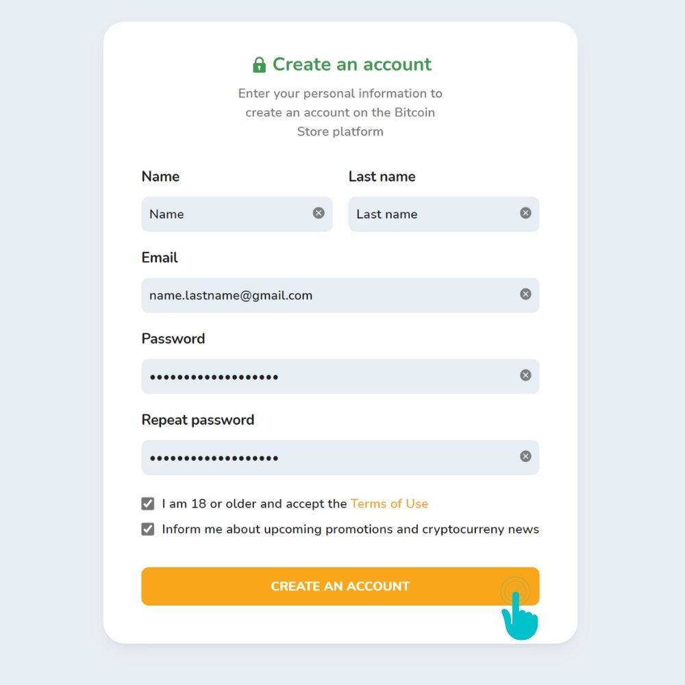 User account registration window on the Bitcoin Store website.
