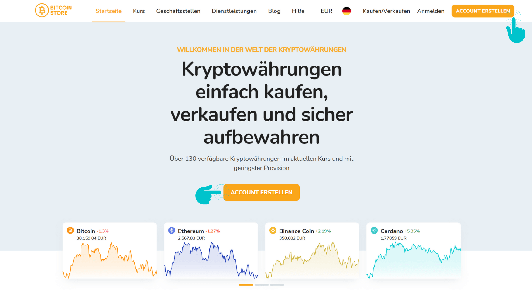 Startbildschirm der Bitcoin Store-Plattform.