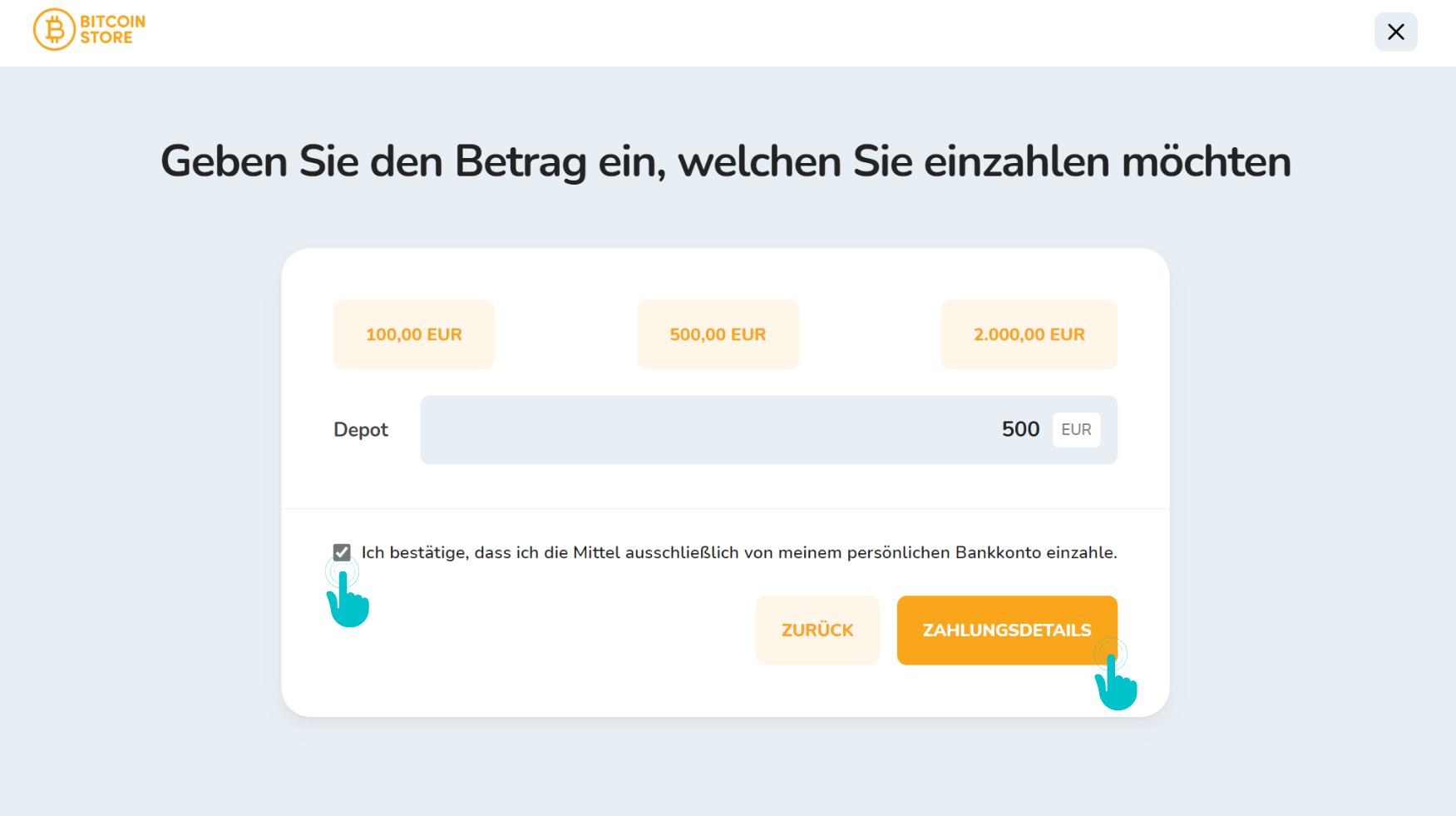 Pop-up-Fenster zur Auswahl des Zahlungsbetrags.