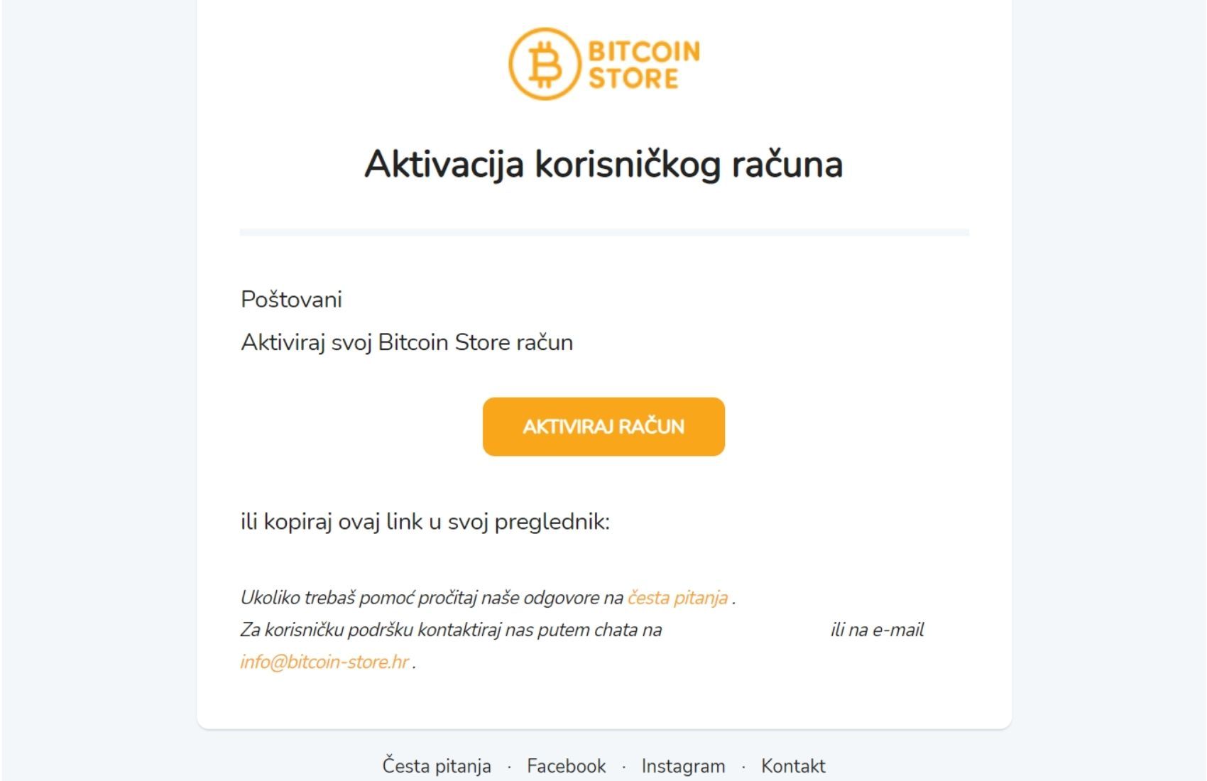 Email potvrda za aktivaciju korisničkog računa na Bitcoin Store platformi.