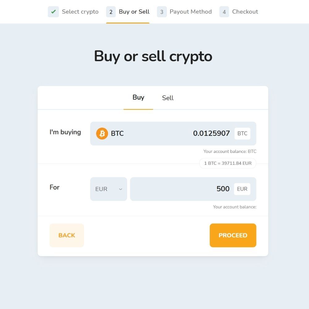 The "buy/sell cryptocurrency" window on the Bitcoin Store platform.