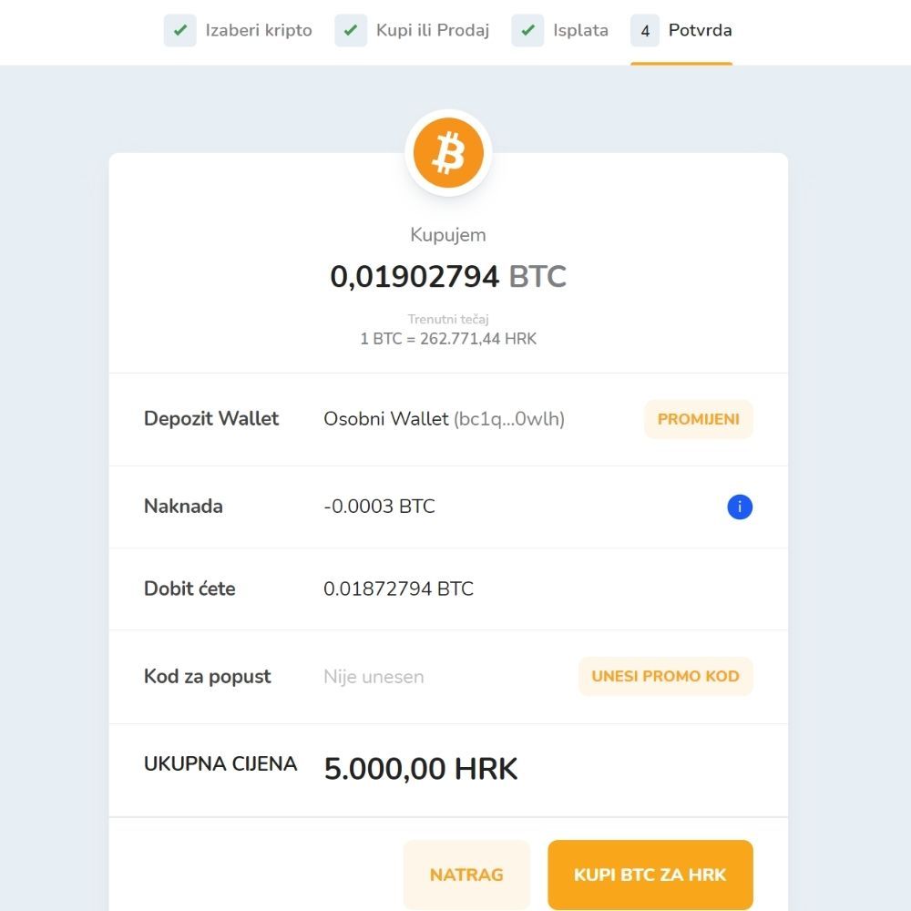 Snimak zaslona prikazuje detalje kupovine Bitcoina putem Bitcoin Store platforme.