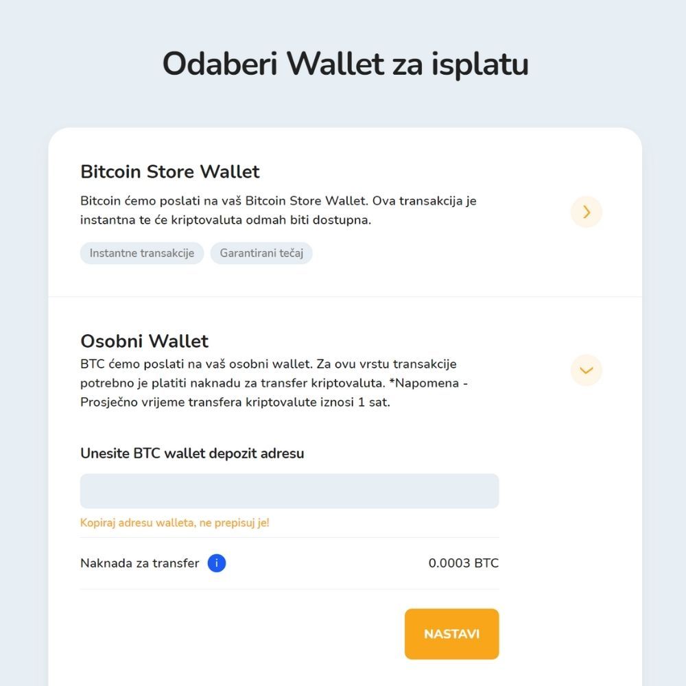 Snimak zaslona koji prikazuje prozor za unos vlastite depozit adrese.