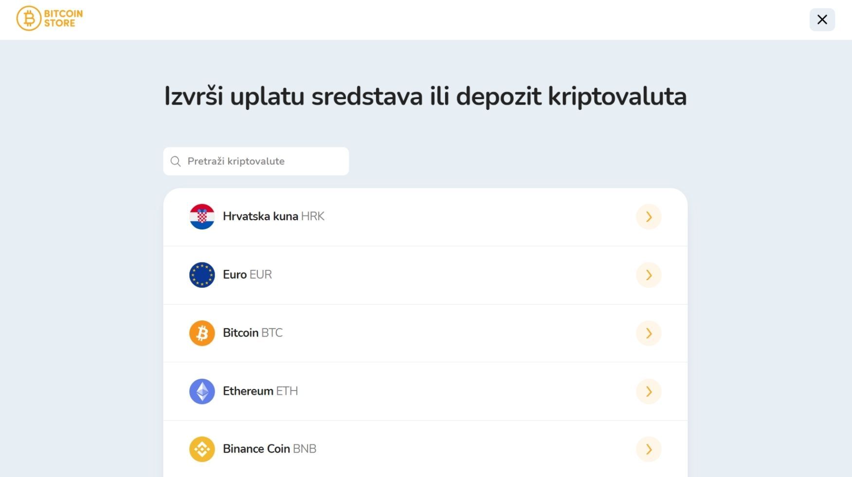 Prozor za odabir fiat valute za depozit na Bitcoin Store platformi.