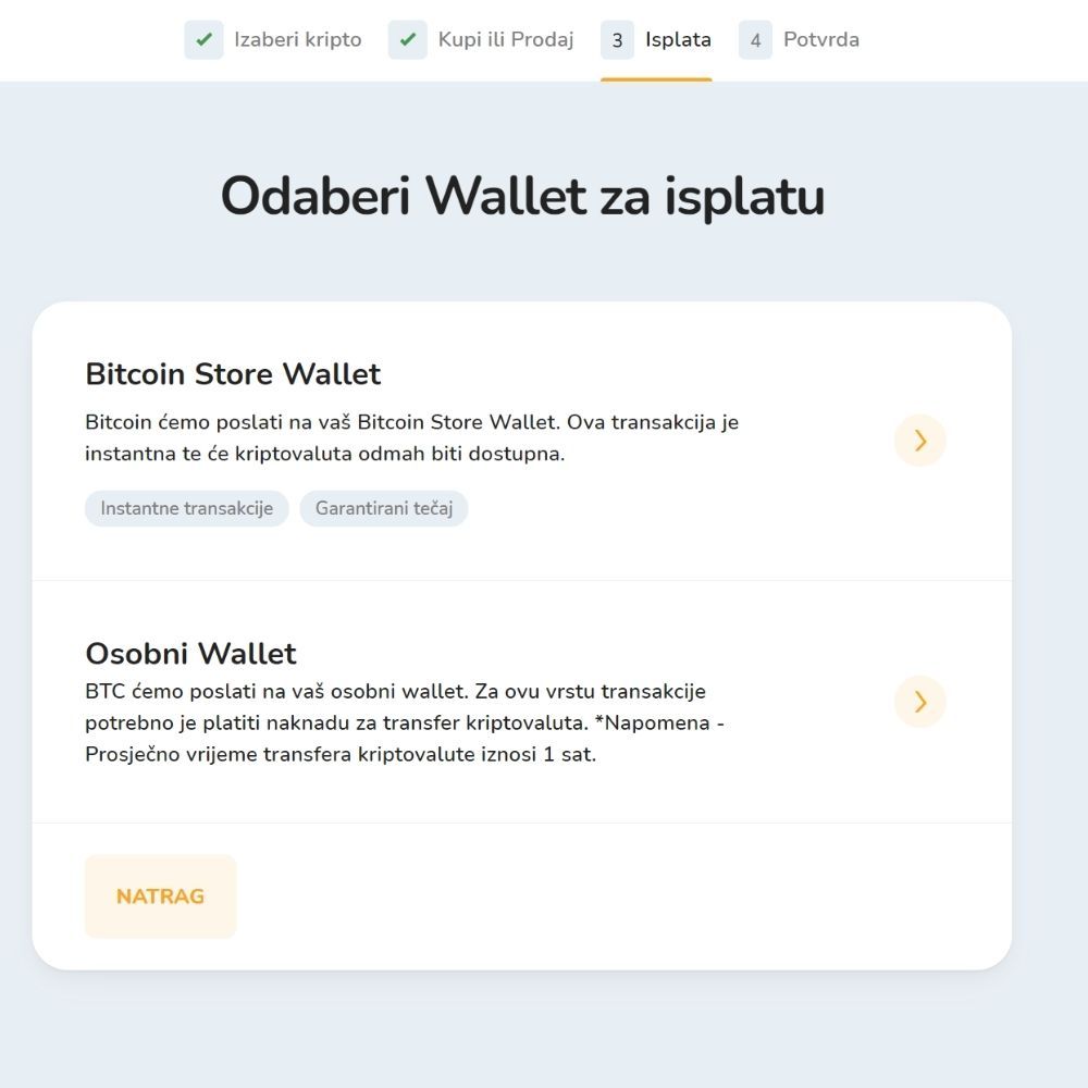 Snimka zaslona - odabir walleta za isplatu sredstava.