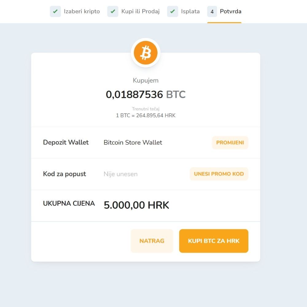 Posljednji korak za kupovinu kriptovalute na Bitcoin Store platformi.