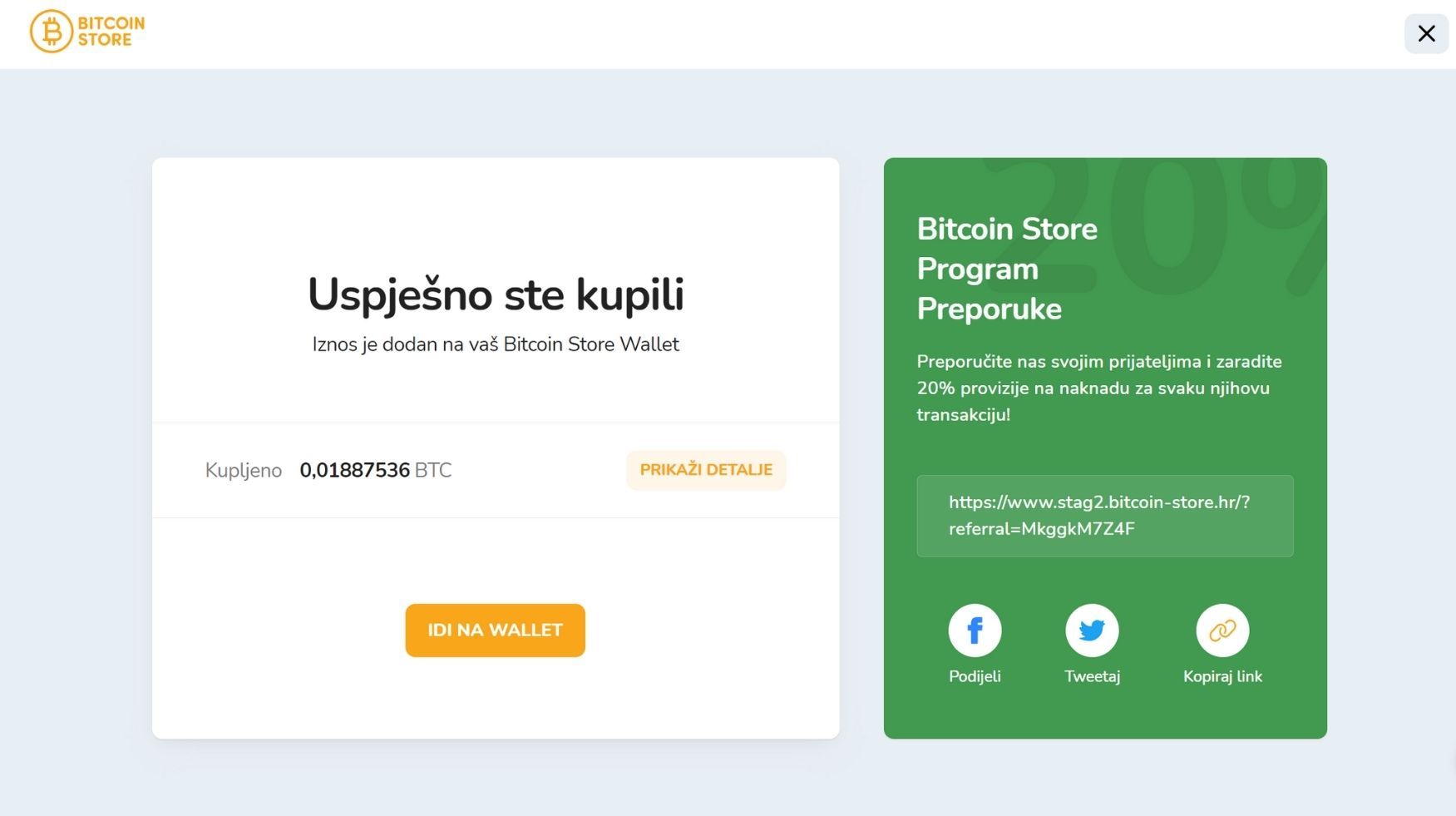 Prozor za uspješnu kupovinu Bitcoina putem Bitcoin Store platforme.