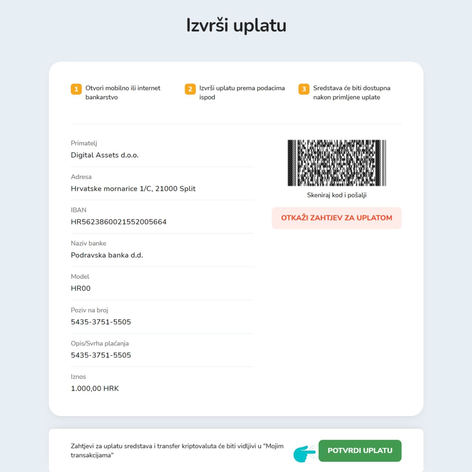 Prozor s podacima za uplatu novčanih sredstava na Bitcoin Store platformi.