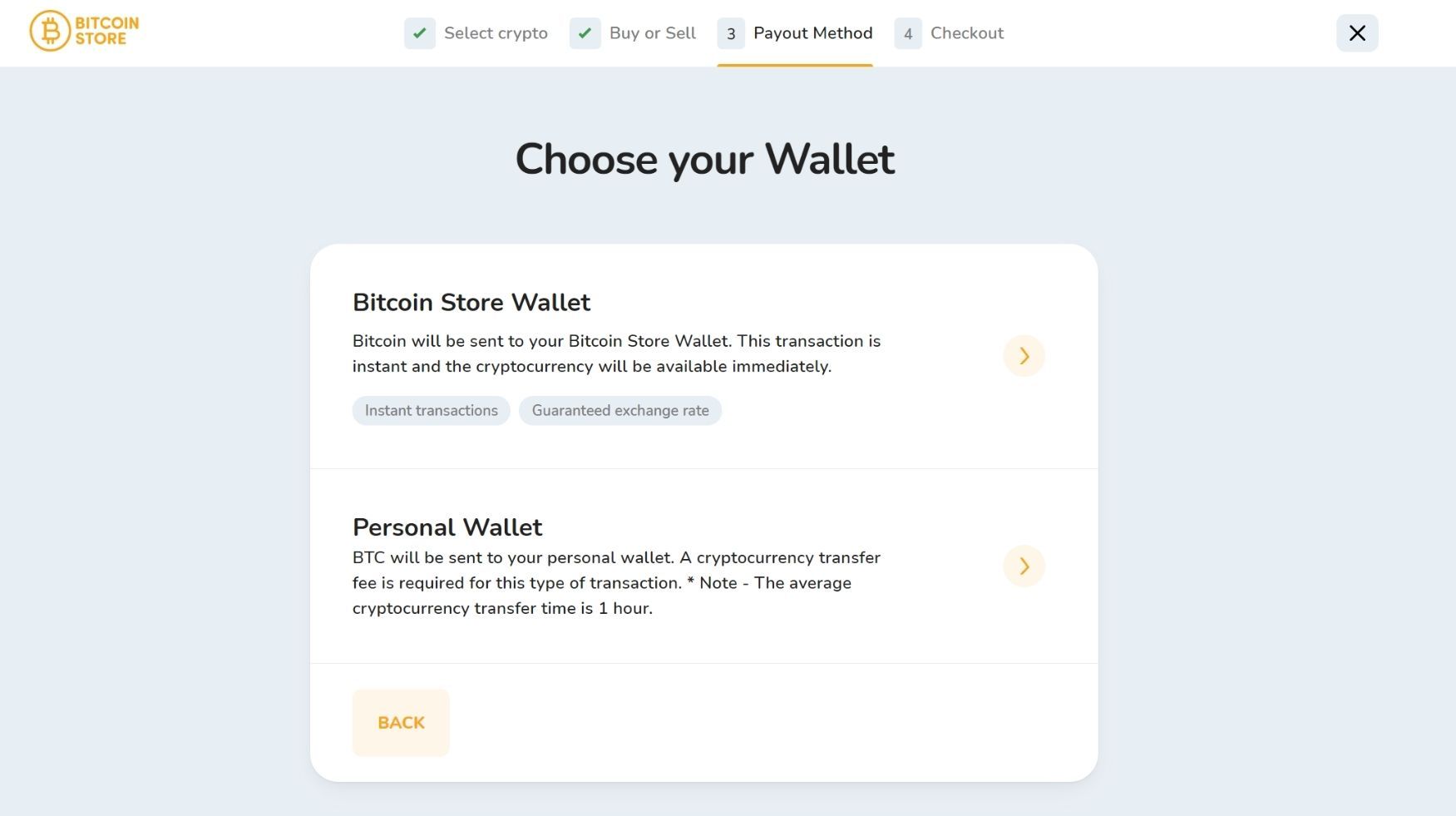 The window for selecting the wallet as a payout method on the Bitcoin Store platform.