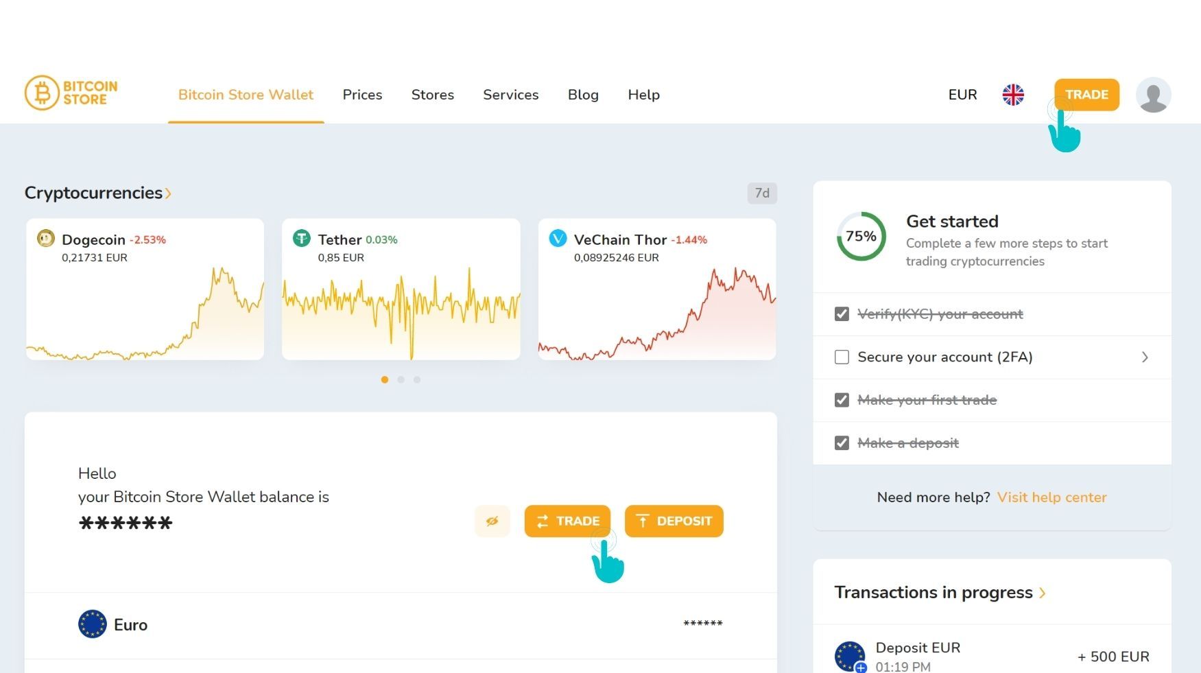 The screenshot of the Bitcoin Store Wallet account balance tab.