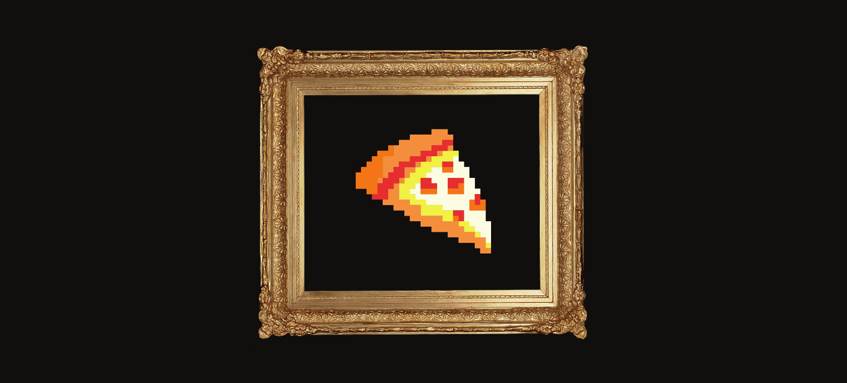 Pixel illustration of NFT pizza in a gold antique picture frame.