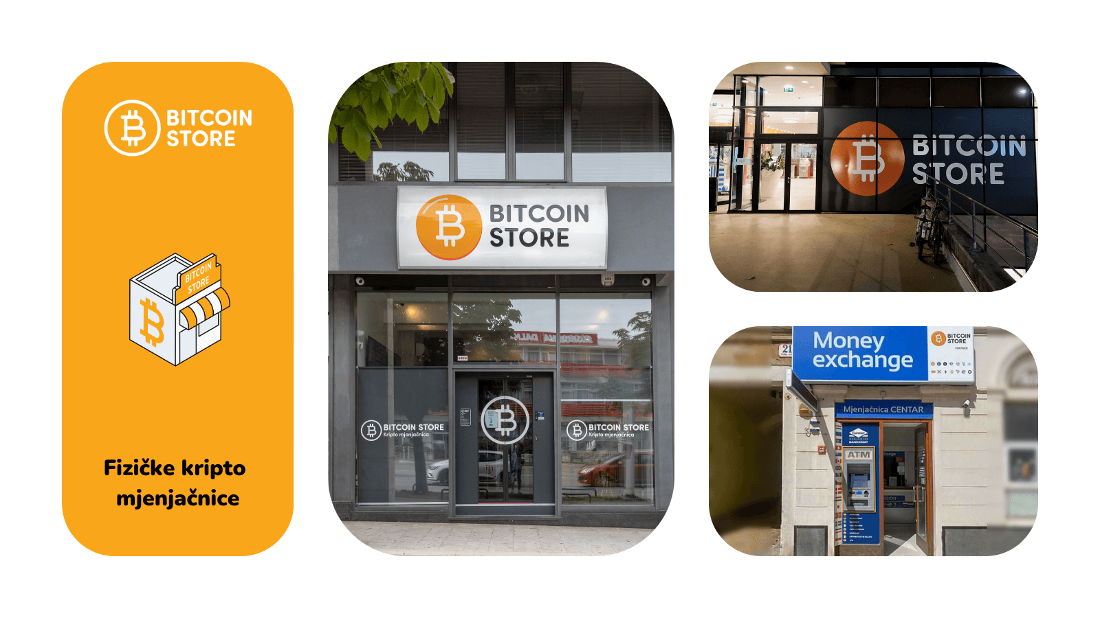 Slike Bitcoin Store fizičkih poslovnica na tri različite lokacije.