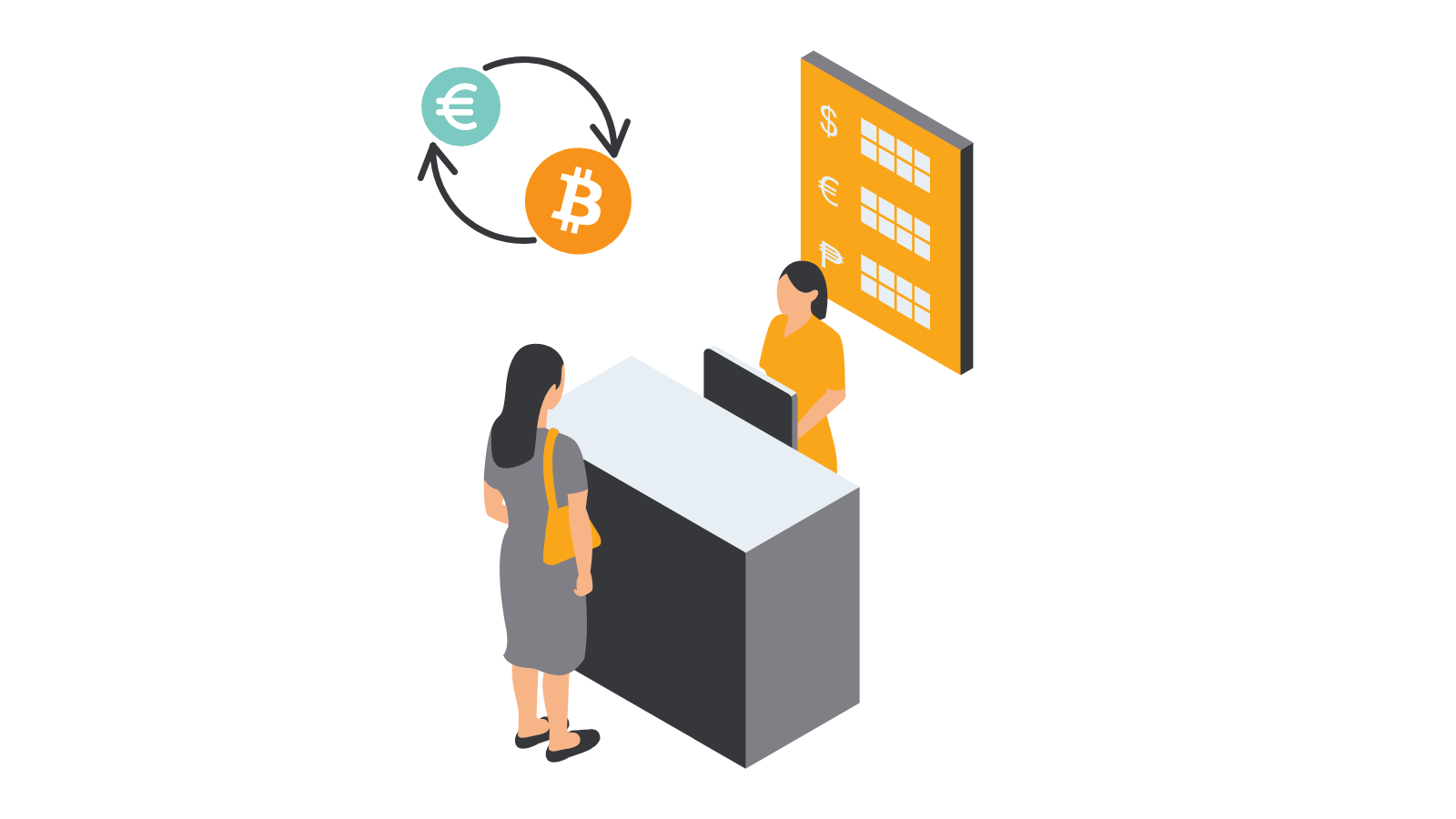 The vector illustrations of a brick-and-mortar cryptocurrency exchange service.