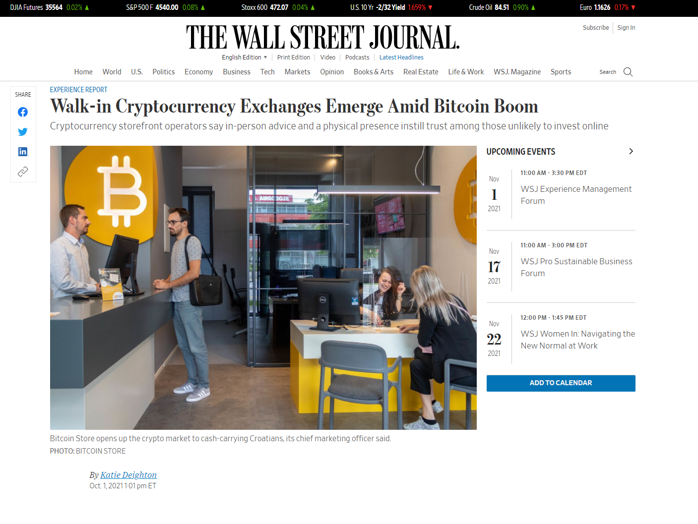 Članak iz financijskog časopisa The Wall Street Journal o fizičkim kripto mjenjačnicama.