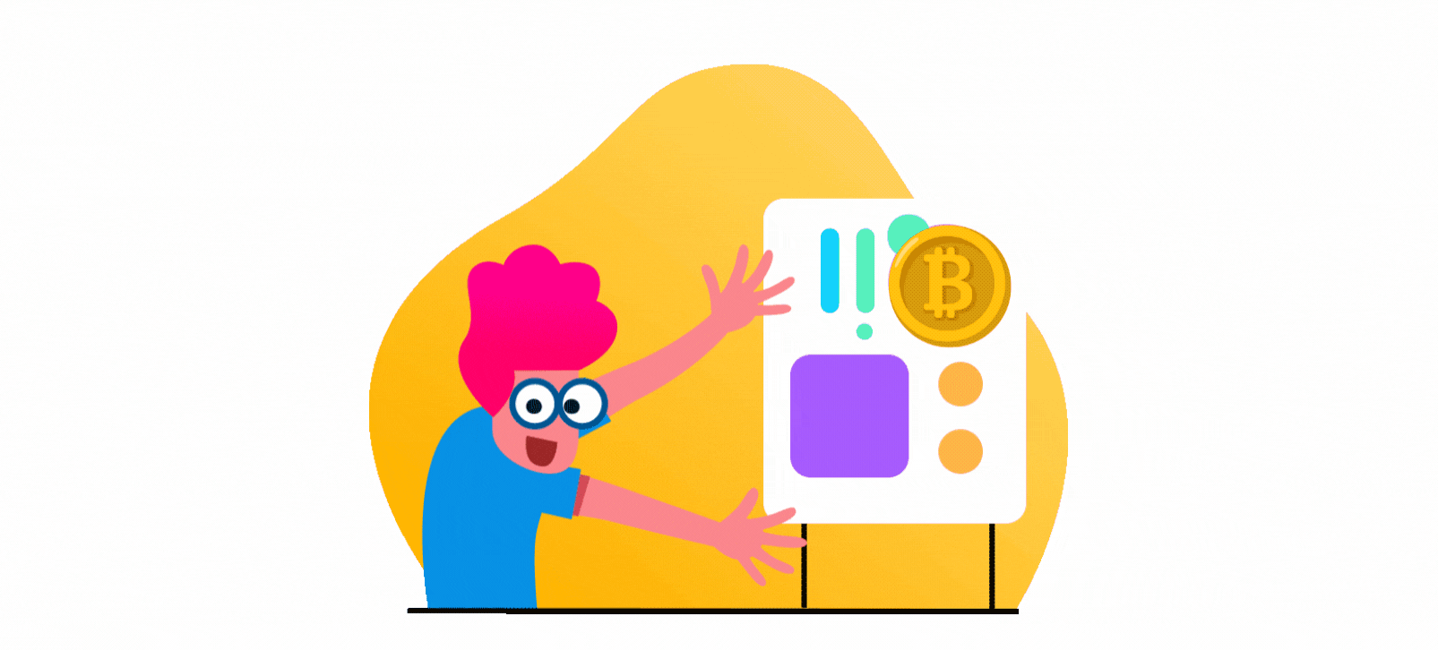 Animirani GIF koji prikazuje ilustrirani lik koji pokazuje na ploču s grafovima i Bitcoinom.