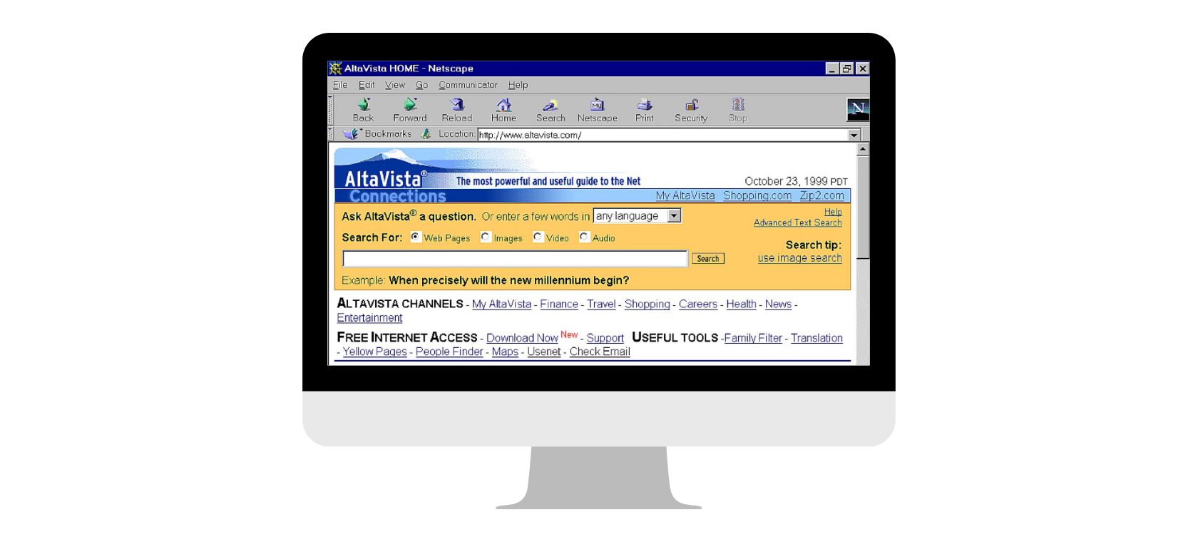 Monitor s web stranicom prve generacije (web 1.0).