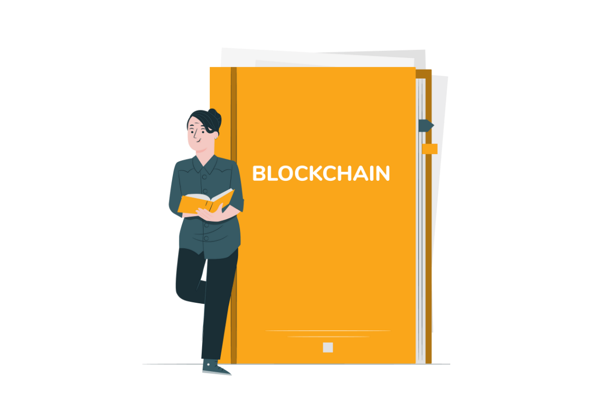 The illustration shows a woman leaning on a large orange book with the title "blockchain".