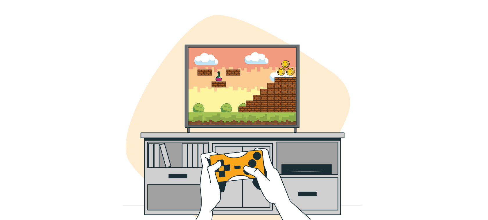 Ilutracija prikazuje narančastu igraču konzolu za video igre.