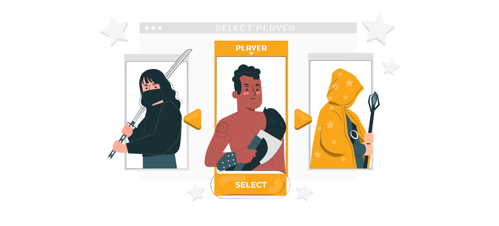 Ilustracija prikazuje odabir avatara unutar video igre.